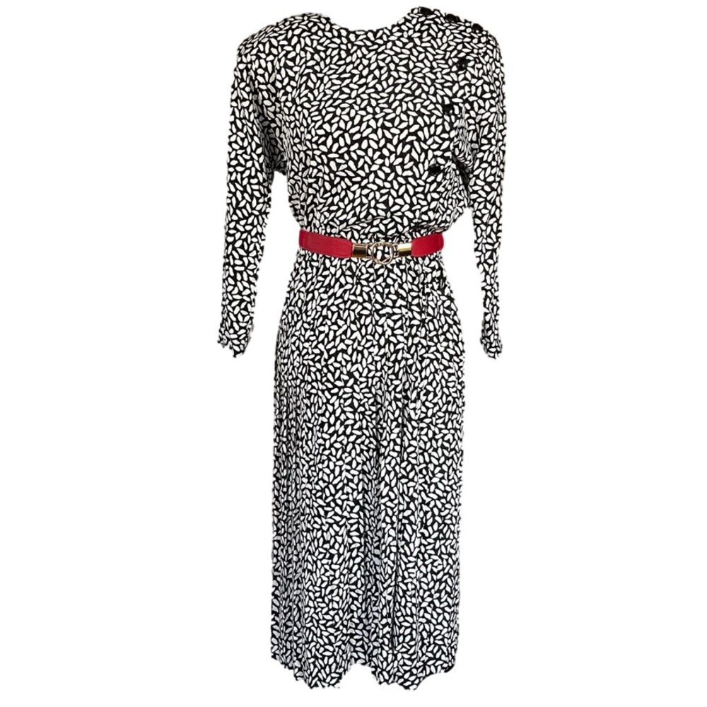 Vintage 80s black & white military button long sleeve leaf print silky dress